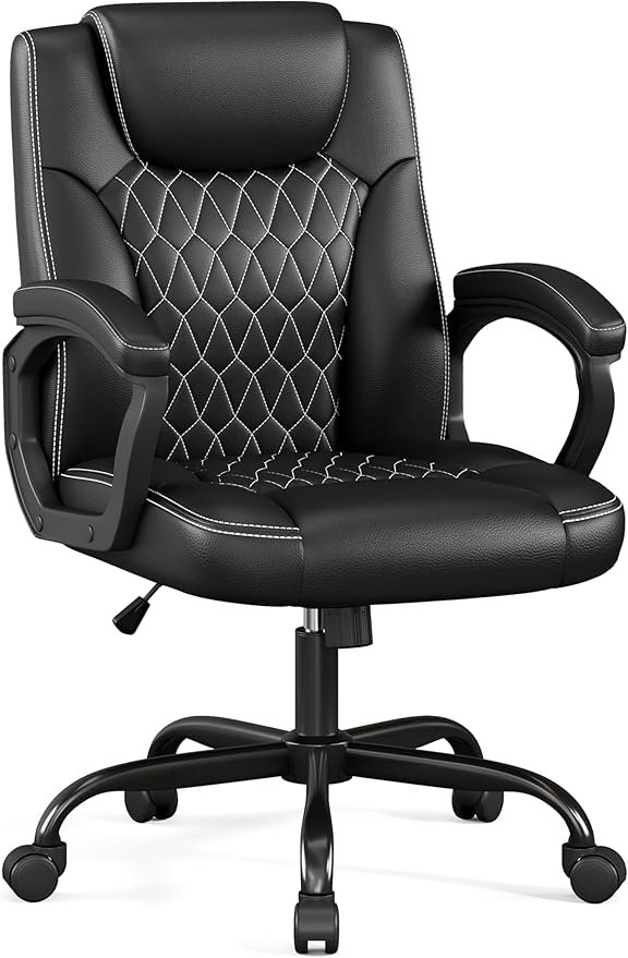 Misolant Office Chair, Executive Desk Chair, PU Leather Comfortable Executive Chairs with Fixed Armrest, Adjustable Height, Rocking Function, 360° Swivel Wheels, Black