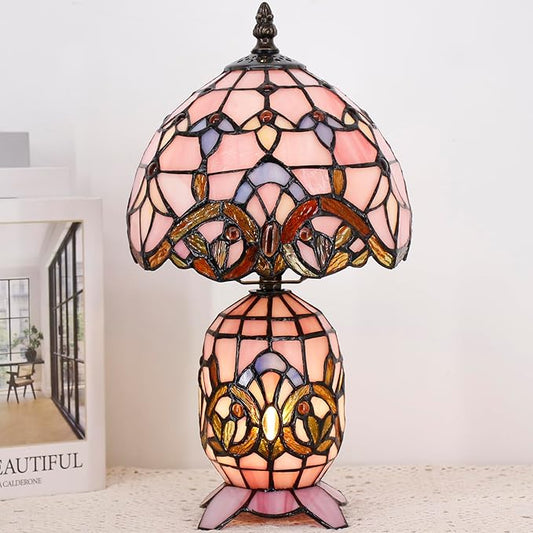 Small Tiffany Lamp Stained Glass Table Lamp Mini Mother Daughter Vase Desk Accent Light for Bedroom Bedside Reading Home Antique Style Decor 8X14 Inches (Pink Baroque)