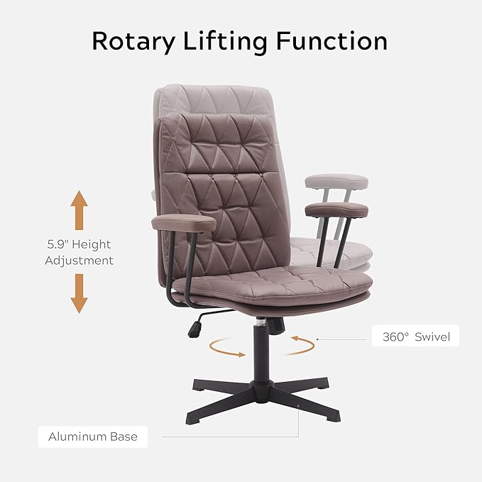 Criss Cross Chair with Arms Home Office Desk Chair No Wheels Adjustable Thick Cushioned Swivel Accent Makeup Chair Brown