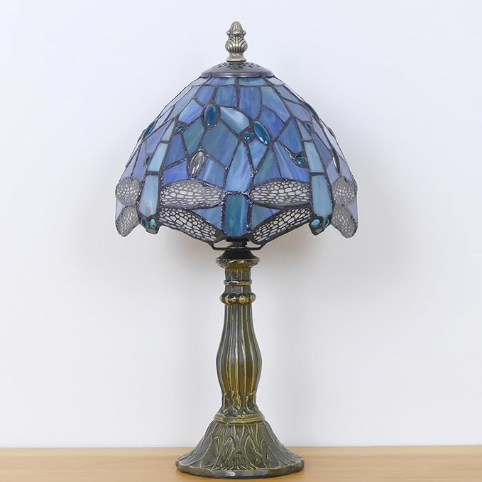 Small Tiffany Lamp Mini Stained Glass Table Lamp Bedside Accent Lamp Memory Sympathy 8X14.5 Inch (Sea Blue Dragonfly)