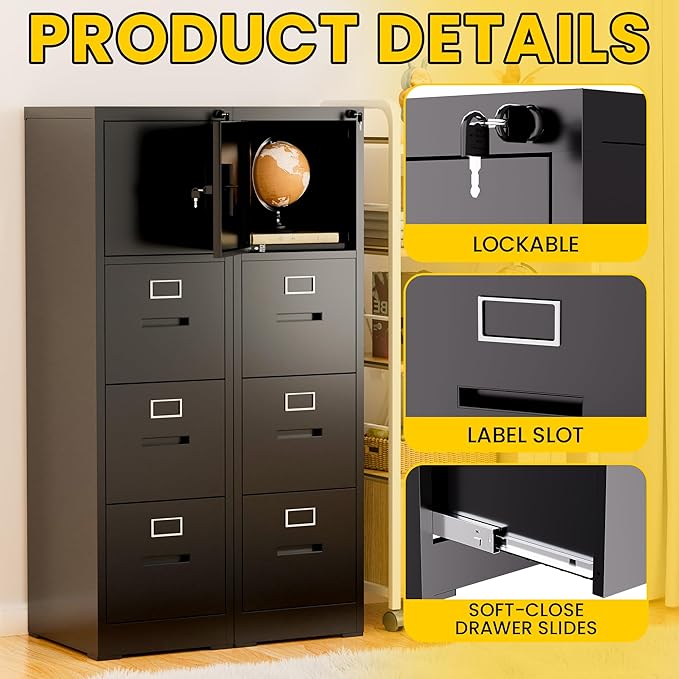 Vertical File Cabinet with 3 Drawers and 1 Door, Metal Filing Cabinet for Home Office, Lockable File Cabinets with Keys for Legal/Letter Size Hanging File Folders, Assembly Required, Black