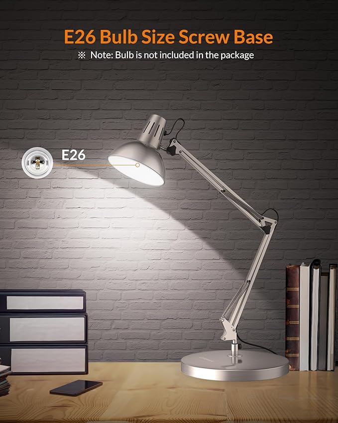 LEPOWER Metal Desk Lamp, Adjustable Goose Neck Architect Table Lamp with On/Off Switch, Swing Arm Desk Lamp with Clamp, Eye-Caring Reading Lamp for Bedroom, Study Room &Office (Silver)