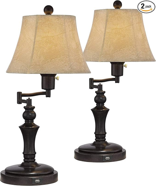 Regency Hill Corey Hill Traditional Rustic Natural Cottage Swing Arm Desk Table Lamps 21.75" High Set of 2 with USB Charging Port Bronze Metal Faux Leather Bell Shade for Living Room Bedroom