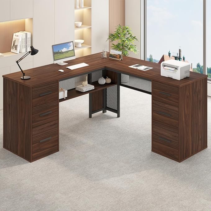 HSH Large L Shaped Executive Desk with Drawers, Home Office Metal Wood Computer Desk for Work Writing Study Gaming, Rustic L-Shaped Walnut Desk Table with File Drawer, Storage Cabinet Shelves, 59 in