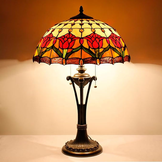 Tiffany Table Lamp Red Amber Stained Glass Desk Lamp 16X16X24 Inches Tulip Flower Style Reading Light