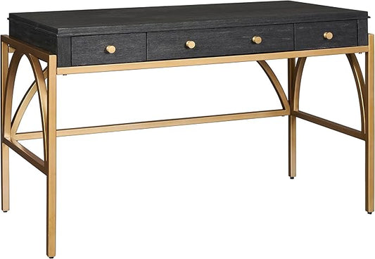 Hekman Wooden Writing Desk – Solid Wood Office Desk with Brass Legged Base, Decorative Stretchers & Storage Drawers – Modern Workstation for Home, Study, or Executive Office Furniture