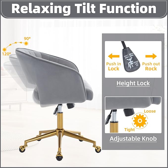 ABET Desk Chair with Wheels, Velvet Home Office Chair, Swivel Armchair Gold Base, Upholstered Modern Accent Chairs, Back Incline Adjustable for Living Room Bedroom Vanity, Grey