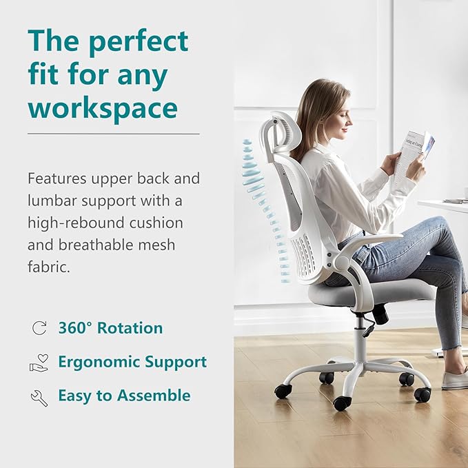 SMUG Office Chair Ergonomic Desk Lumbar Support, Computer Chairs Gaming Mesh with Wheels and Headrests, Flip-up Arm,Adjustable Position for Home, Work, Study, Grey