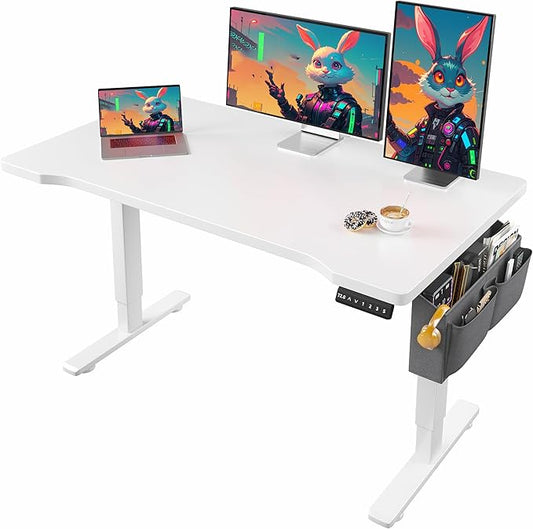 EnHomee 48 x 24 Inches Electric Standing Desk with Light Strip, Stand up Desk with Memory Preset, Height Adjustable Desks for Work Home Office, Computer Desks with Detachable Side Mount Pocket, White