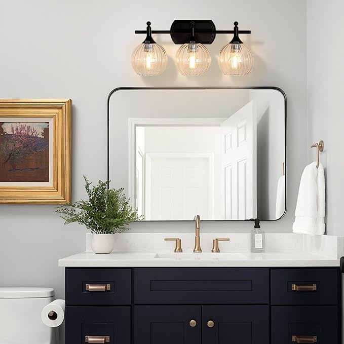 Matte Black Bathroom Vanity Light 3-Light Vanity Lights for Bathroom 10%-100% Dim(Night/Makeup Mode) Warm to Cool Light Switch Fog-Proof & Crystal Shade 20'' Wall Sconce