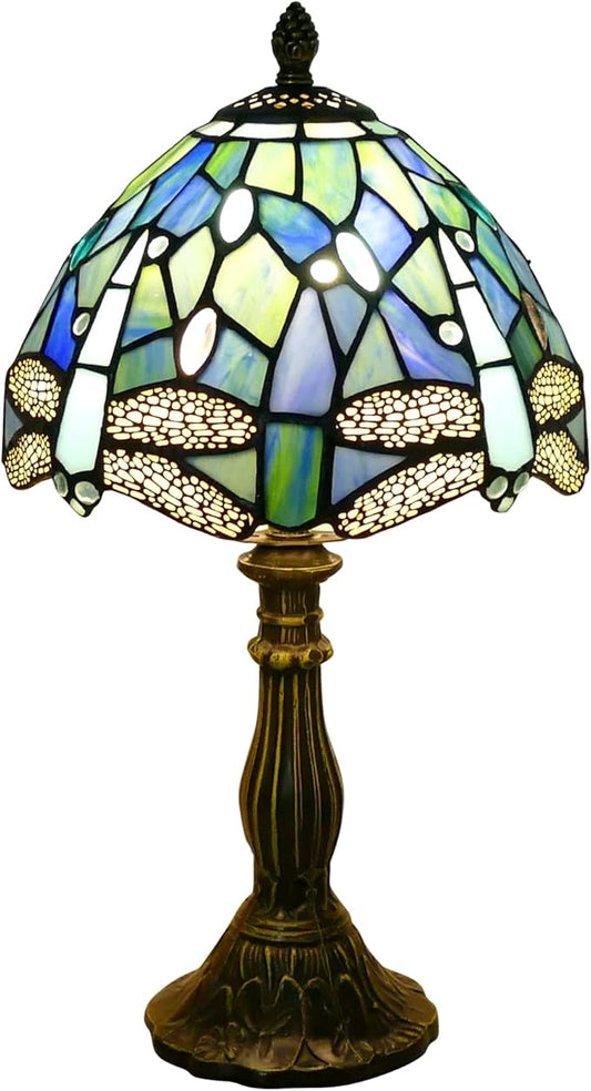 Tiffany Lamp Sea Blue Stained Glass Table Lamp 8X8X15 Inches Dragonfly Style Desk Reading Light Decor Beside Table Lamp for Bedroom Living Room Home Office