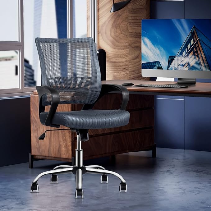 MoNiBloom Mesh Home Office Chair, Mid Back Ergonomic Rolling Swivel Chair with Lumbar Support and Armrest, 250 lbs Capacity, Grey