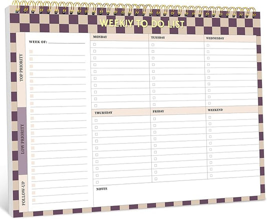 Weekly To Do List Notepad with 52 Undated Sheets（8.5"×11"）- Weekly Desk Planner for Women & Man, Work and Home - Lilac Checkered