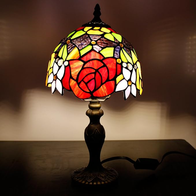 Small Tiffany Lamp Stained Glass Table Lamp Mini Desk Accent Light for Bedroom Bedside Reading Home Antique Style Decor 8X15 Inches (Red Yellow)