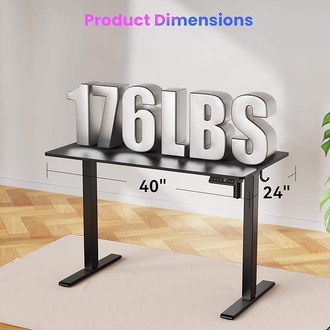40x24 Inches Height Adjustable Electric Standing Desk with 2 Hooks for Home Office, Ergonomic Sit Stand up Desk with Splice Board, Black