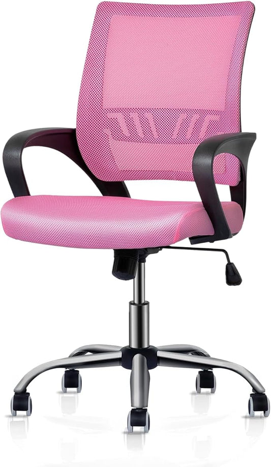 MoNiBloom Mesh Office Home Chair, Mid Back Ergonomic Rolling Swivel Chair with Lumbar Support and Padded Seat for Women Adults, Pink