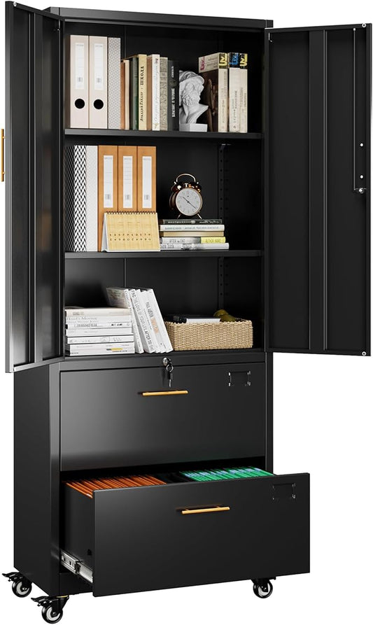 METAN Metal File Cabinet with 2 Drawers and 2 Shelves,Office Filing Cabinet on Wheels with Lock,Office Storage for Letter/Legal Size,Assembly Required,Black