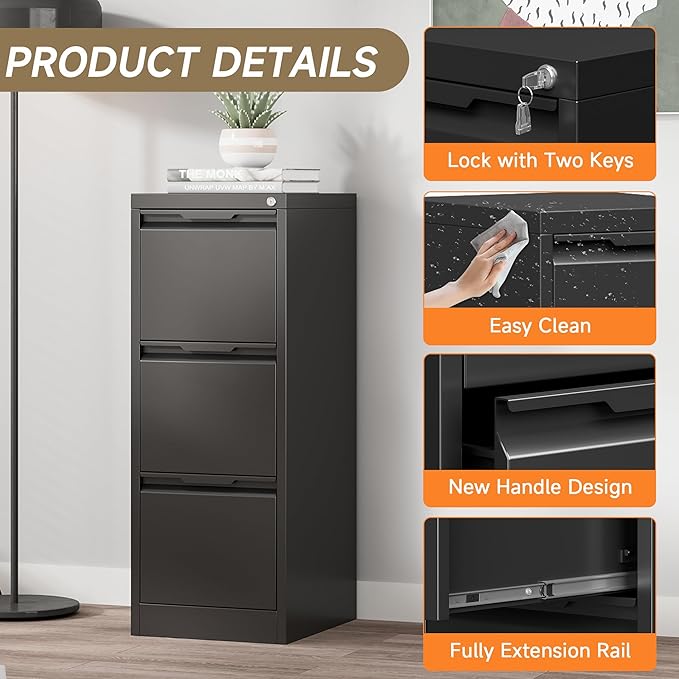 Coolsun 3 Drawer Vertical File Cabinet with Lock, Metal Filing Cabinet for Home Office, Locking File Cabinet for A4/F4/Legal/Letter, Assembly Required (Black, 3 Drawer)