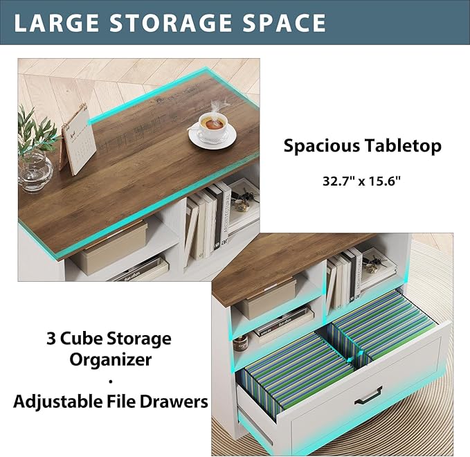 LVB Wood Lateral File Cabinet with Drawer, Wide Filing Cabinet for Letter/Legal/A4/F4 Size, Farmhouse Office Storage File Cabinet Printer Stand with Open Shelf in Home, 32.7 Inch, White and Rustic Oak