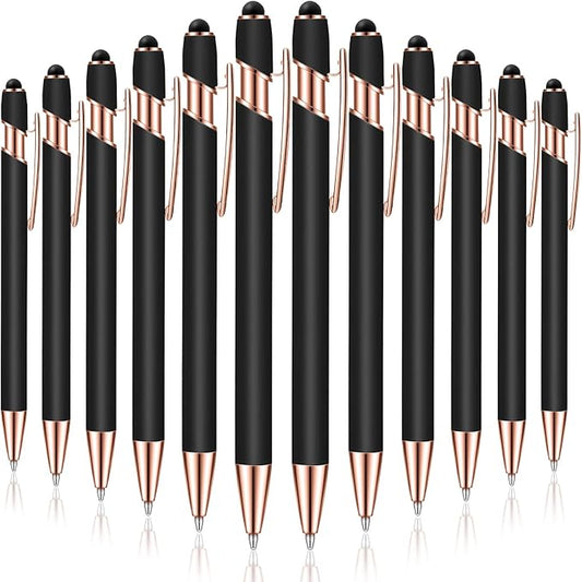 Tenare 12 Pieces 2 in 1 Stylus Metal Ballpoint Pen with Stylus Tip, 1.0 mm Black Ink Ballpoint Pen for Touch Screens(Black and Rose Gold)