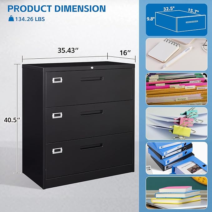 Lateral File Cabinet with Lock,Metal Filing Cabinet with 3 Drawer,Steel Lateral File Cabinet for Legal/Letter A4 Size,Wide File Cabinet for Office Home,Assembly Required