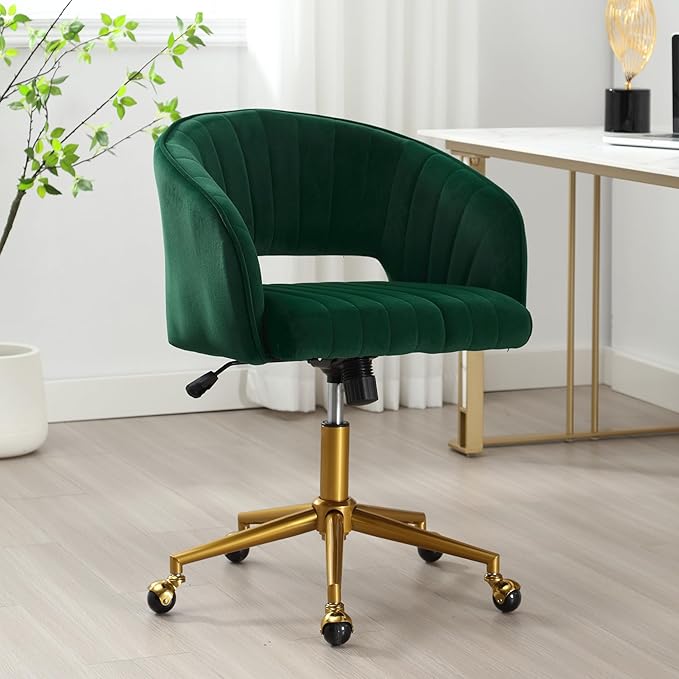ABET Desk Chair with Wheels, Velvet Home Office Chair, Swivel Armchair Gold Base, Upholstered Modern Accent Chairs, Back Incline Adjustable for Living Room Bedroom Vanity, Dark Green