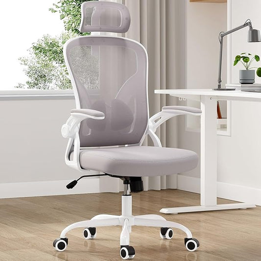 Farini Ergonomic Office Chair, Home Office Desk Chair with Headrest, High Back Computer Chair with Armrests and Adjustable Lumbar Support for Home Office Study Room, White & Gray