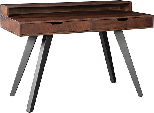 Hekma Wooden Writing Desk - Solid Wood Office Table with Drawers & Storage Shelf, Home Workstation for Study or Computer Use, Mid-Century Modern Work Desk, Small Work Table for Home Office Furniture
