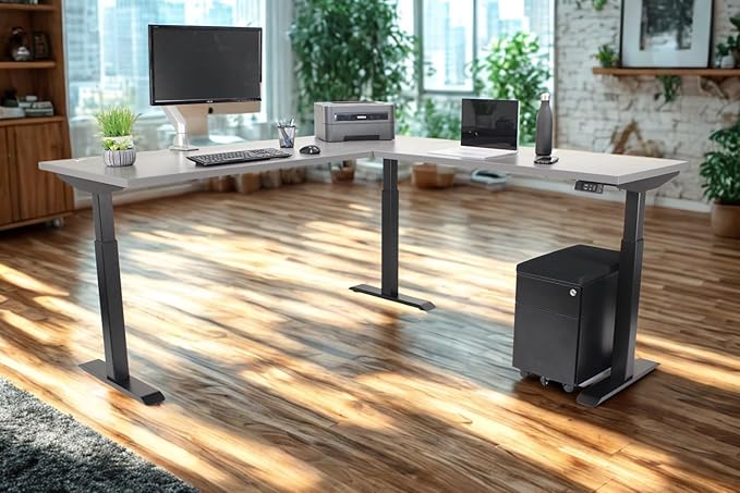 Lift It, Electric Sit Stand Height Adjustable 72"x30" I 48"x24" L-Shape Office Desk for Office or Home, Dual Motor and 4 Memory Digital Control with USB Charging, Charcoal Pattern Top, Black Frame