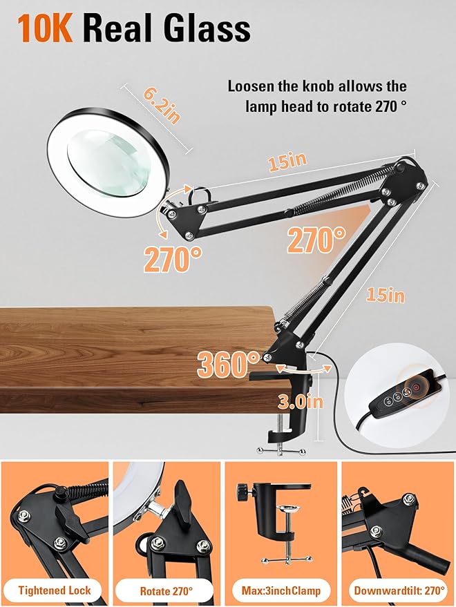 10X Magnifying Glass with Light and Clamp, Real Glass Lens Magnifier Lamp with 3 Color Modes & 270° LED Light, Dimmable Hands-Free Desk Clamp Lamp for Crafts, Reading, Painting, Repairing