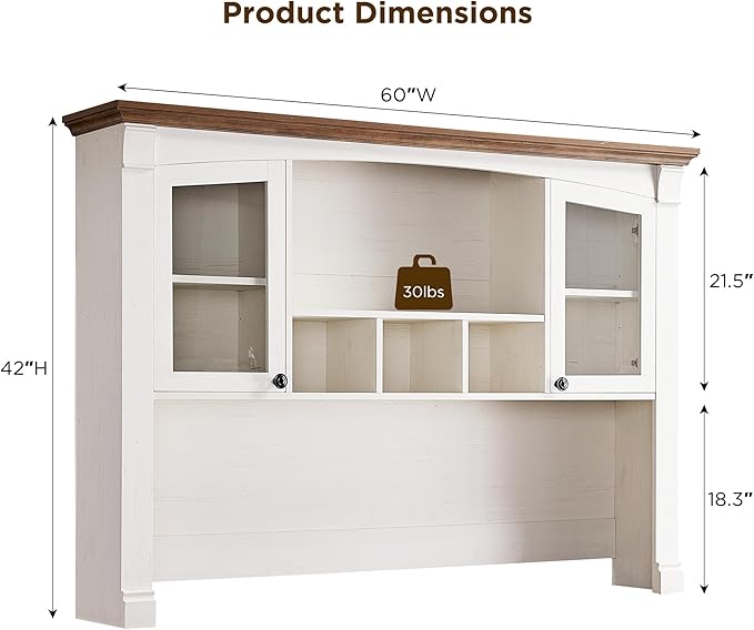 OKD Farmhouse Hutch for 60" Executive Desk, Office Desk Storage Cabinet with Glass Doors and Shelves, Top Hutch Organizer for Home Office - Antique White