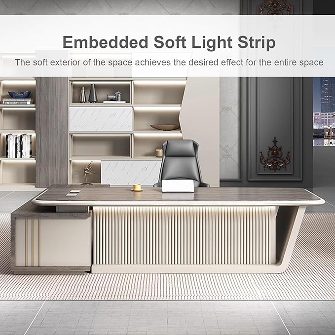 86IN Executive Office Desk - Executive Desk with 2 Drawers & Open Storage Space & Computer Host Position | Supporting Slant Leg & Decorative LED Light Strip, Fence Baffle Design