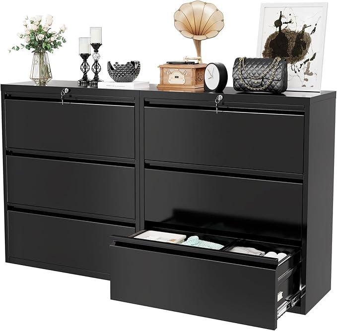 Superday Lateral File Cabinet 3 Drawer Metal File Cabinet with Lock, Black Filing Cabinets for Home Office, Locking Filing Cabinets Hanging Files Letter/Legal/F4/A4