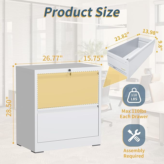 2 Drawer File Cabinet with Lock, Lateral Filing Cabinets,Metal Storage Filing Cabinets for Home Office, Heavy Duty File Cabinet for Letter/Legal/A4/F4 Size, Amssebly Required, White