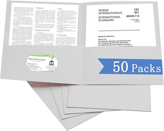 Zzrywuty 50 Packs Two Pocket File Folders with Business Card Slot,Textured Paper,Letter Size,Holds 100 Sheets for School,Office,Business,White