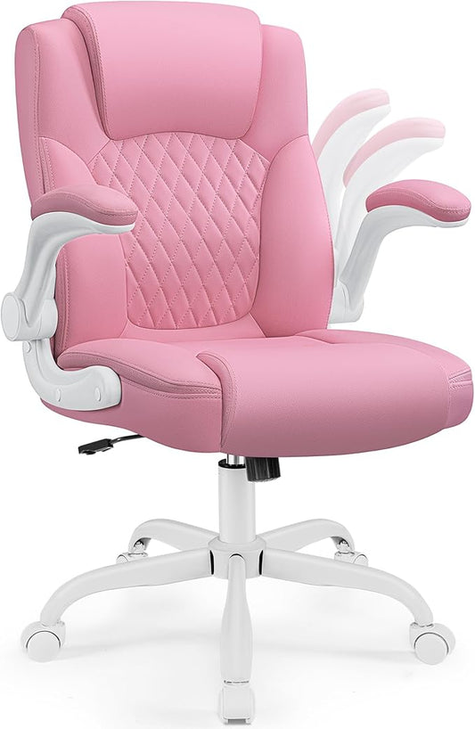 Leather Office Chair, PU Home Computer Desk Chairs with Ergonomic Back Support, 360° Swivel Free，Small Gmaing Chair with Wheels and Adjustable Armrests, for Short People Use, Pink