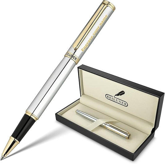 BEILUNER Silver Chrome Personalized Pen, Stunning Luxury with 24K Gold Finish,Noble and Elegant Designs,Schneider Ink Refill, Best Gift Pen for Men & Women, Graduation, Executive Office, Fancy Pens