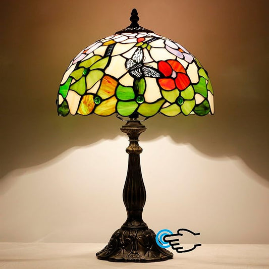 Tiffany Lamp Touch Control Table Lamp Stained Glass Desk Lamp 12X12X19 Inches Butterfly Flower Style Reading Light