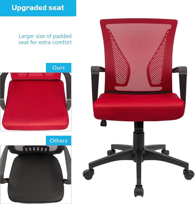 Furmax Office Chair Ergonomic Computer Desk Mesh Chair Mid Back Swivel Lumbar Support with Armrest (1, Red)