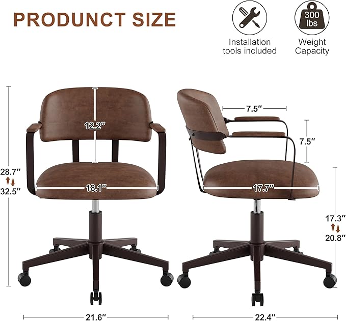 BFZ Mid Century Retro Home Office Desk Chair with Back, Faux Leather Adjustable Height Rolling Swivel Computer Task Armrests Chair for Home Office, Brown