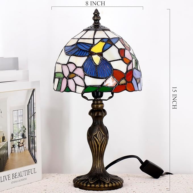 Small Tiffany Lamp Stained Glass Table Lamp Mini Desk Accent Light for Bedroom Bedside Reading Home Antique Style Decor 8X15 Inches (Hummingbird)