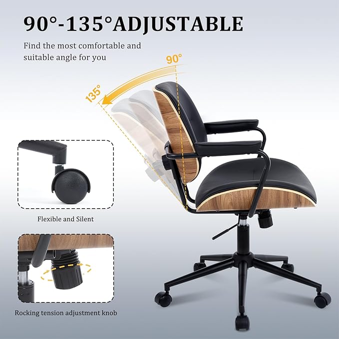 BV Mid Century Modern Office Chair Set of 1, Swivel Rolling Deak Chair with Armrests and Walnut Back, Adjustable Desk Chair for Home Office, Black