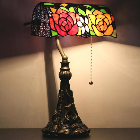 Tiffany Banker Lamp Small Stained Glass Table Lamp Tiffany Style Piano Light Yellow Red Rose Style Desk Lamp Angle Adjustable 10.6X15.7Inch for Home Office Living Room Bedroom