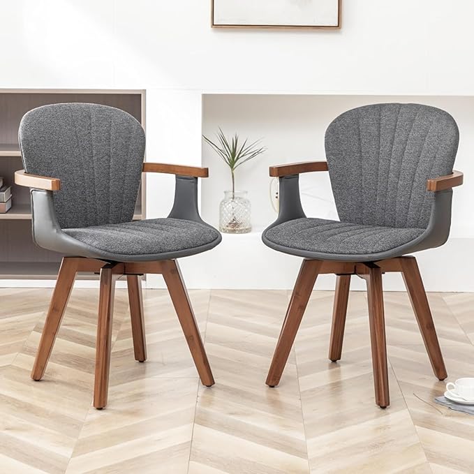 LUNLING Swivel Dining Chairs, Mid Century Modern Gray Fabric+Faux Leather Kitchen Chairs with Arms,Bamboo Legs Side Chairs No Wheels,Accent Chair for Dining Rooms and Offices(Gray Fabric,1PCS)