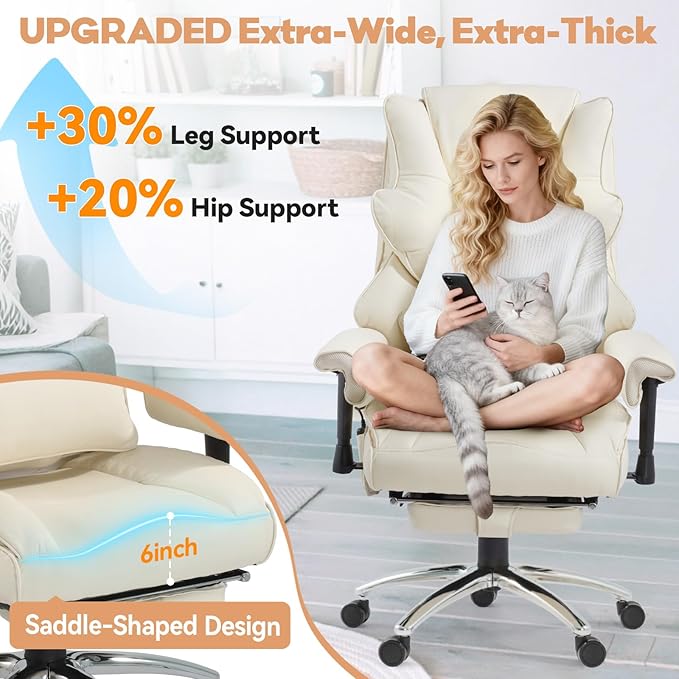 Massage Office Chair with Foot Rest, Ergonomic Executive Heated Office Chair with Reclining Backrest, Adjustable Arms and Lumbar Support, High Back Leather Desk Chairs for Home Office, Beige