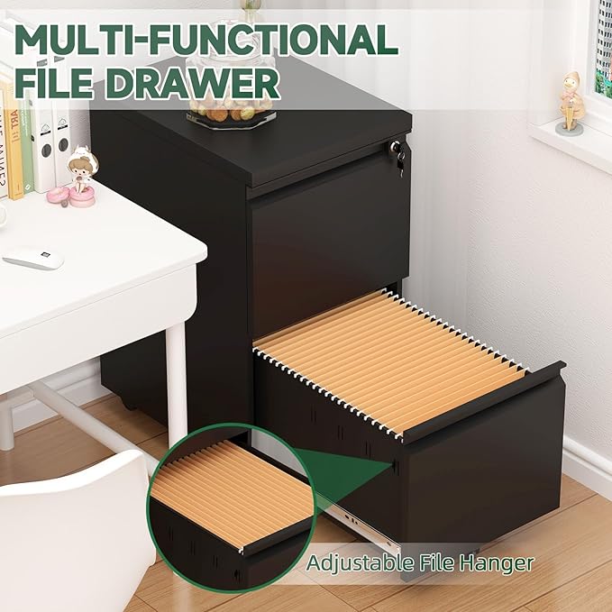 2 Drawer Black File Cabinet with Lock,29" H Small Filing Cabinet for Under Desk,Metal Mobile File Cabinet for Home Office Organizer Letters/Legal/A4(Assembly Required)