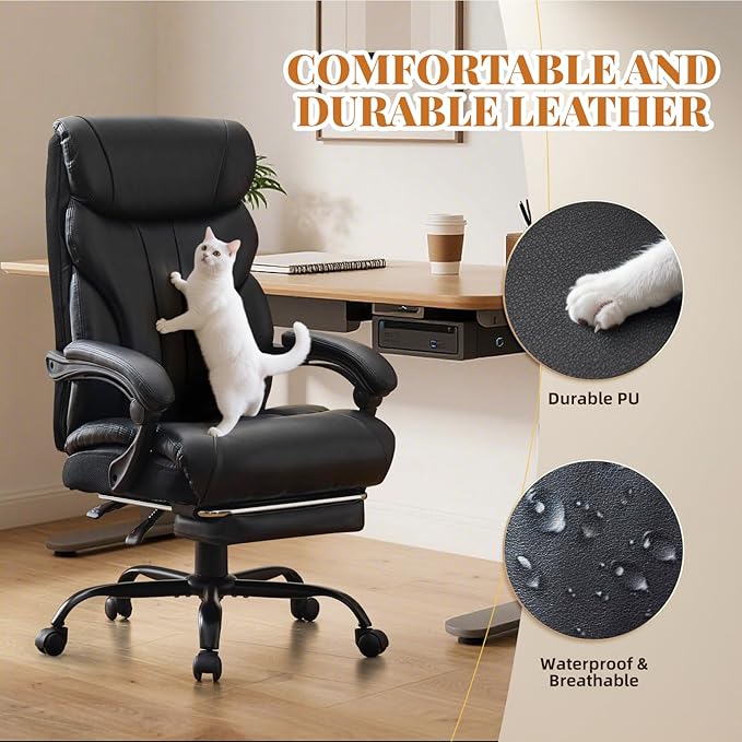 Leather Home Office Chair with Foot Rest,500lbs Big and Tall Ergonomic Desk Chair,360°Swivel Free,90°-155°Recline,43"- 47" Height Adjustable,Silent 360° Casters for Home Office Computer Desk