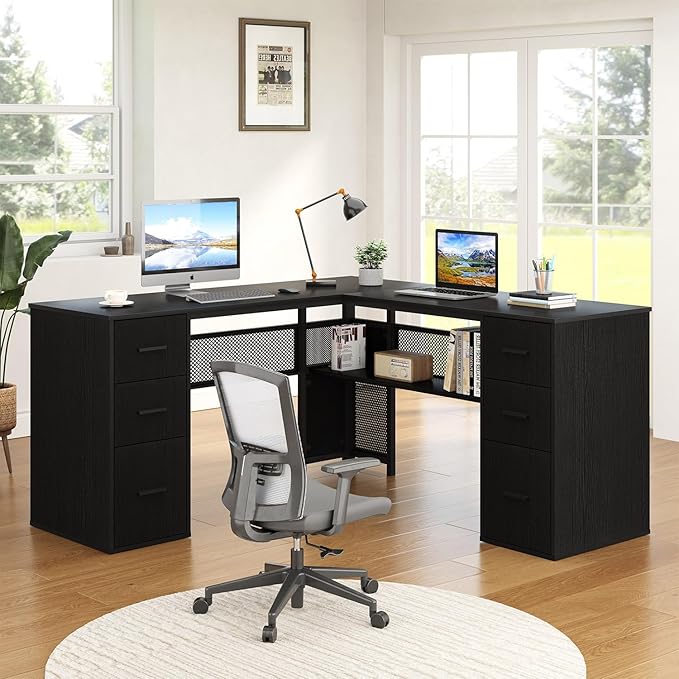 HSH Black L Shaped Desk with File Drawers Shelves, Reversible Corner Metal Wood Computer Desk with Storage Cabinet, Modern Large Executive Work Writing Study Table for Home Office Bedroom, 59 Inch