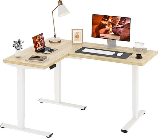 L-Shaped Standing Desk, 63 x 47 Inches Height Adjustable Desk, Sit and Stand up for Work Office Home, Ergonomic Rising Computer Table for Home Office with Splice Board, Maple