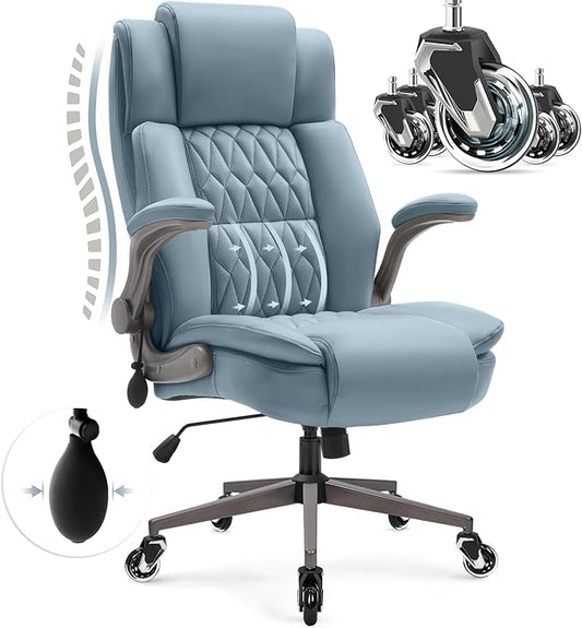 Large High Back Office Chair - Adjustable Lumbar Support Flip Up Arms Heavy Duty Quiet Wheels Metal Base Breathable Bonded Leather Ergonomic Executive Computer Desk Chair with Storage Bags, Blue